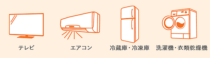 テレビ、エアコン、冷蔵庫・冷凍庫、洗濯機、衣類乾燥機は、お買い求め先の家電小売店